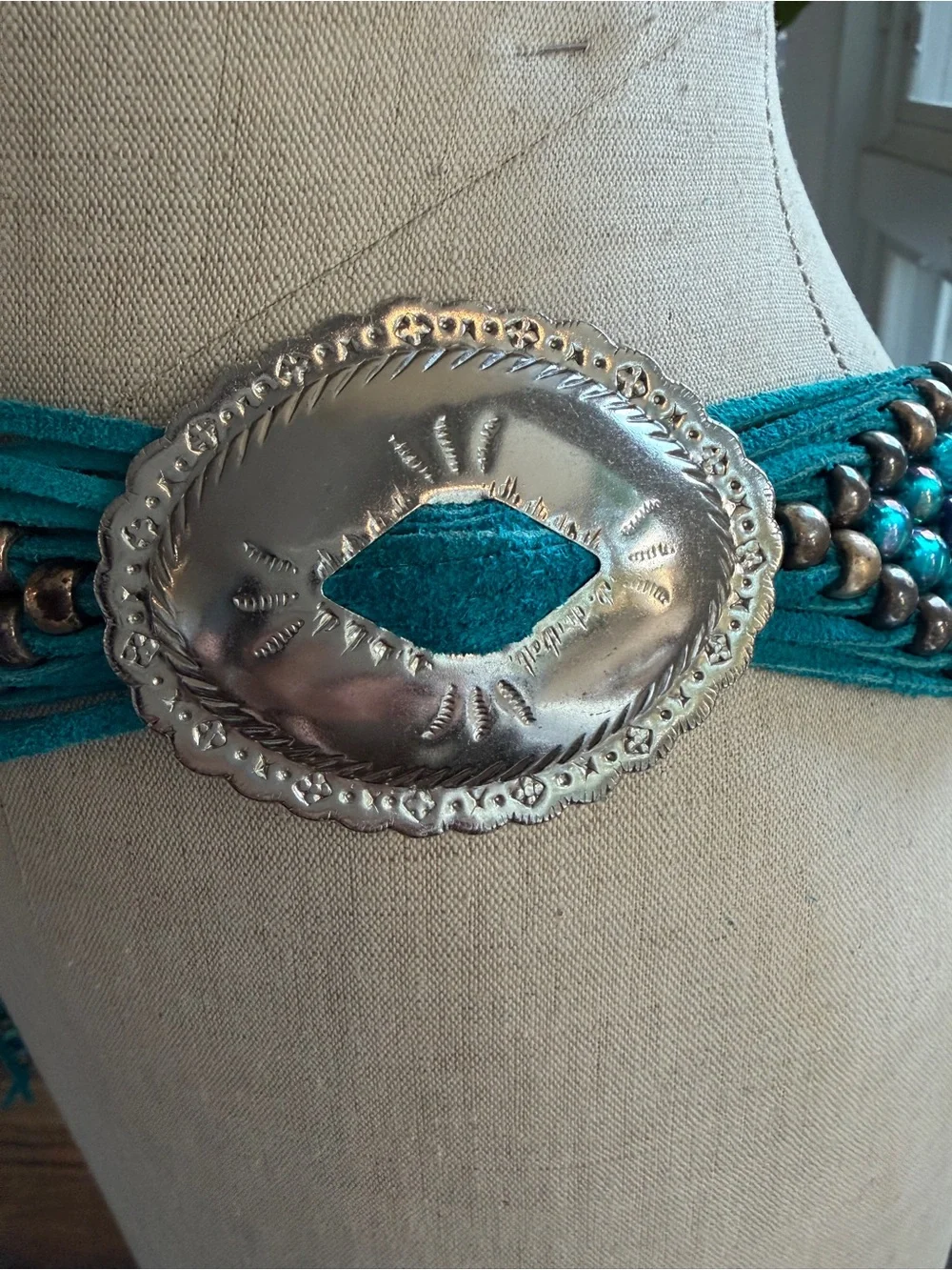 Western Navajo-style Beaded Concho Belt Turquoise fringe Boho - Picture 5 of 6